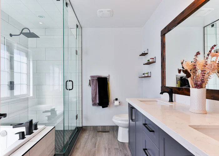 Clean bathroom with glass shower