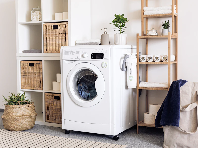 Neat laundry room with washing machine and fresh towels
